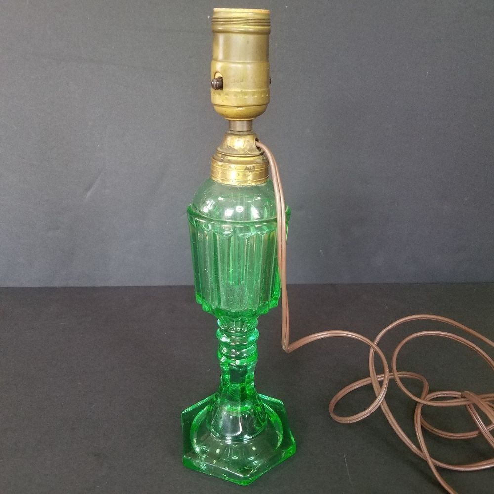 Vintage Westmoreland? Green Pressed Depression Glass Converted Whale Oil Lamp
